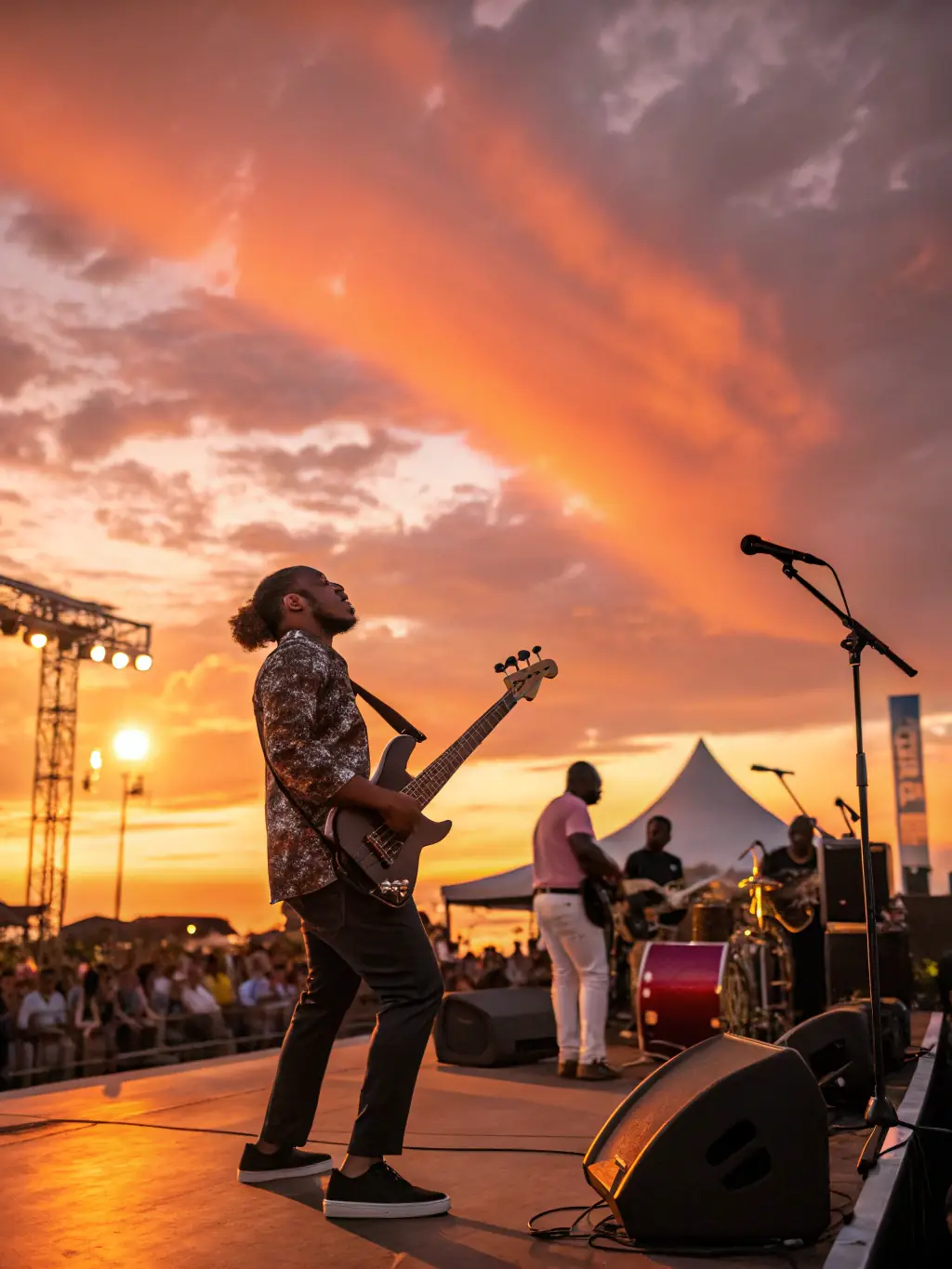 A dynamic image of a live musical performance in a community setting, featuring diverse musicians and an enthusiastic audience, representing the organization's support for live performances.
