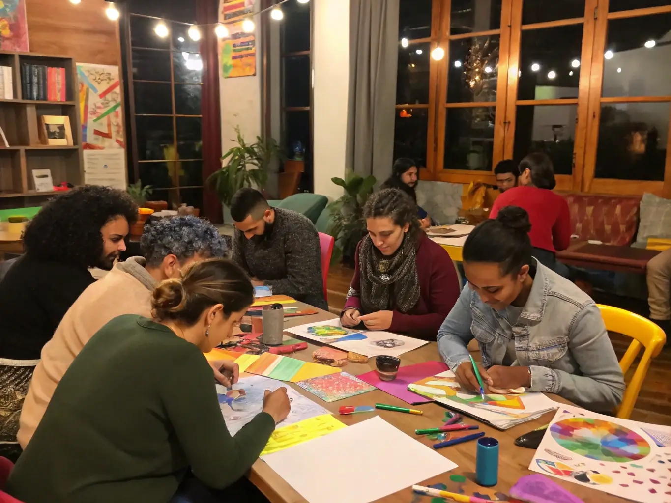 A photograph capturing a diverse group of community members participating in an interactive art workshop, showcasing the organization's commitment to inclusive artistic expression.