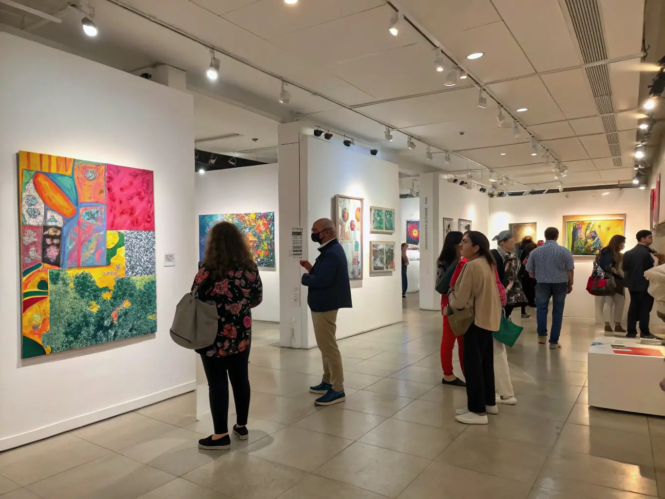 A photograph of an art exhibition supported by ASSOCIATION EMILE BOREL, featuring diverse artworks and visitors engaging with the art.