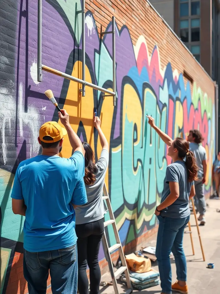 A photograph of community members collaborating on a public art project, such as a mural, demonstrating the organization's efforts to foster community engagement through art.