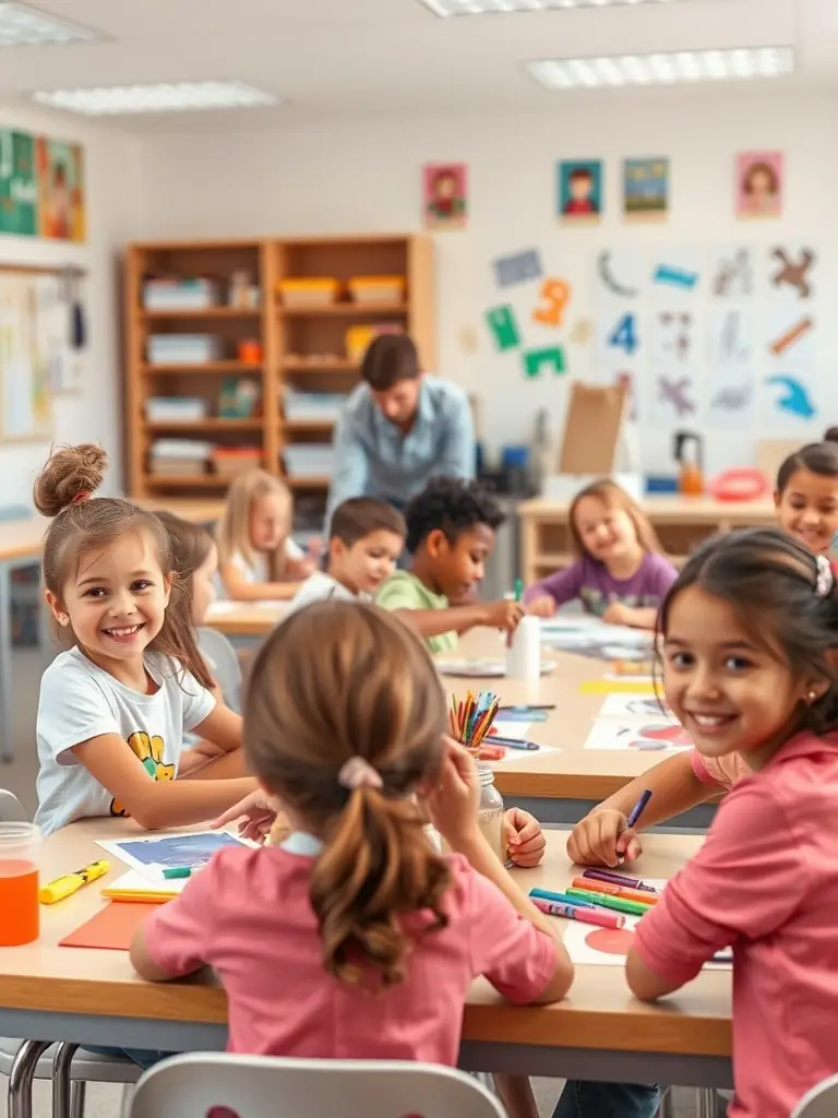 A photograph capturing a group of children participating in an art workshop, with paintbrushes and colorful artwork visible, showcasing the organization's commitment to arts education.
