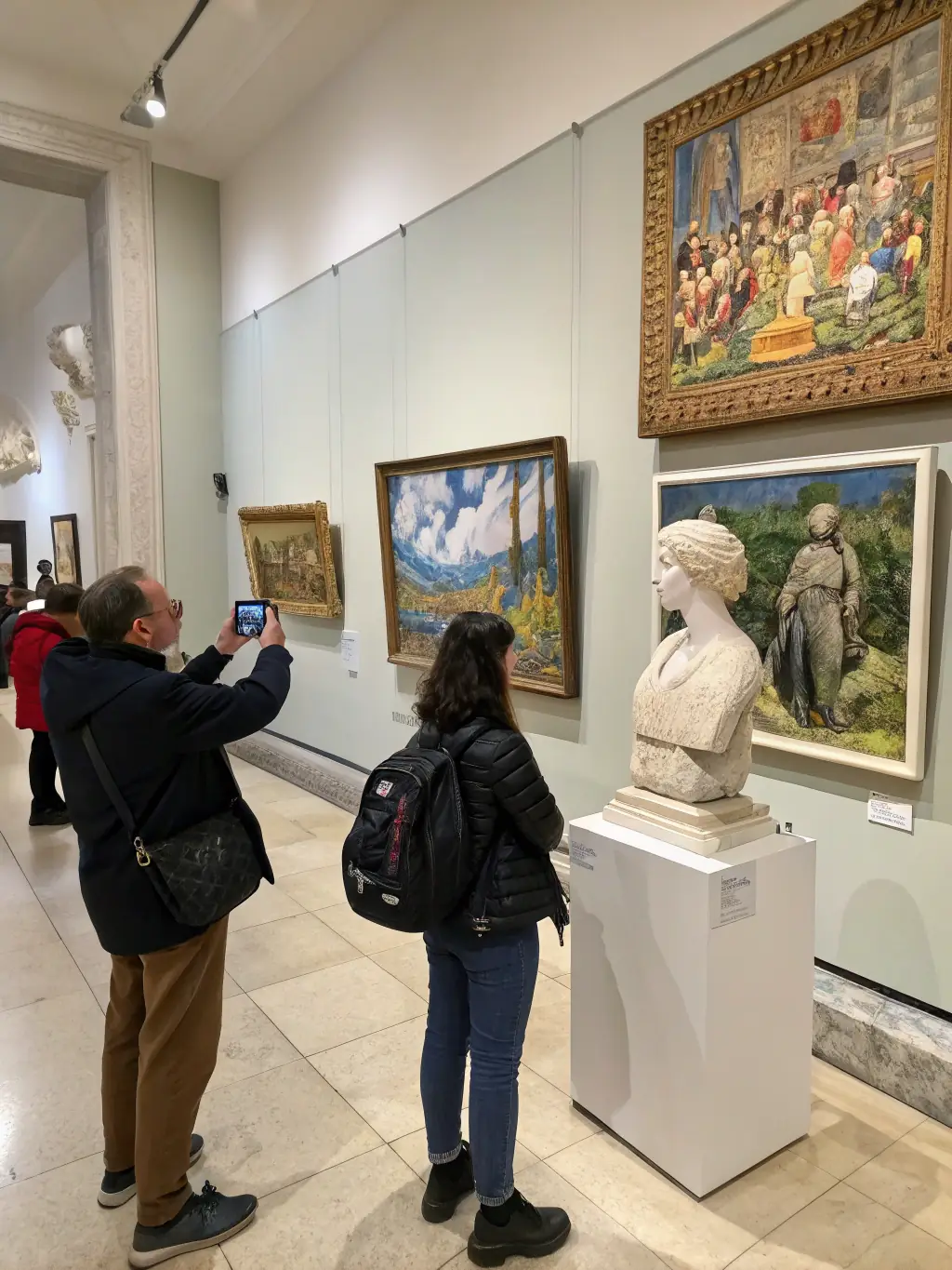 A photograph of an art exhibition showcasing diverse artworks, with people admiring the pieces, highlighting the organization's role in expanding public access to the arts.
