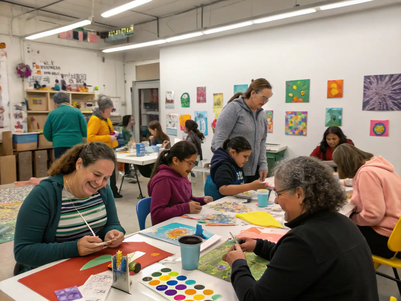 A photograph of a community workshop facilitated by ASSOCIATION EMILE BOREL, showing participants actively engaged in a creative activity.
